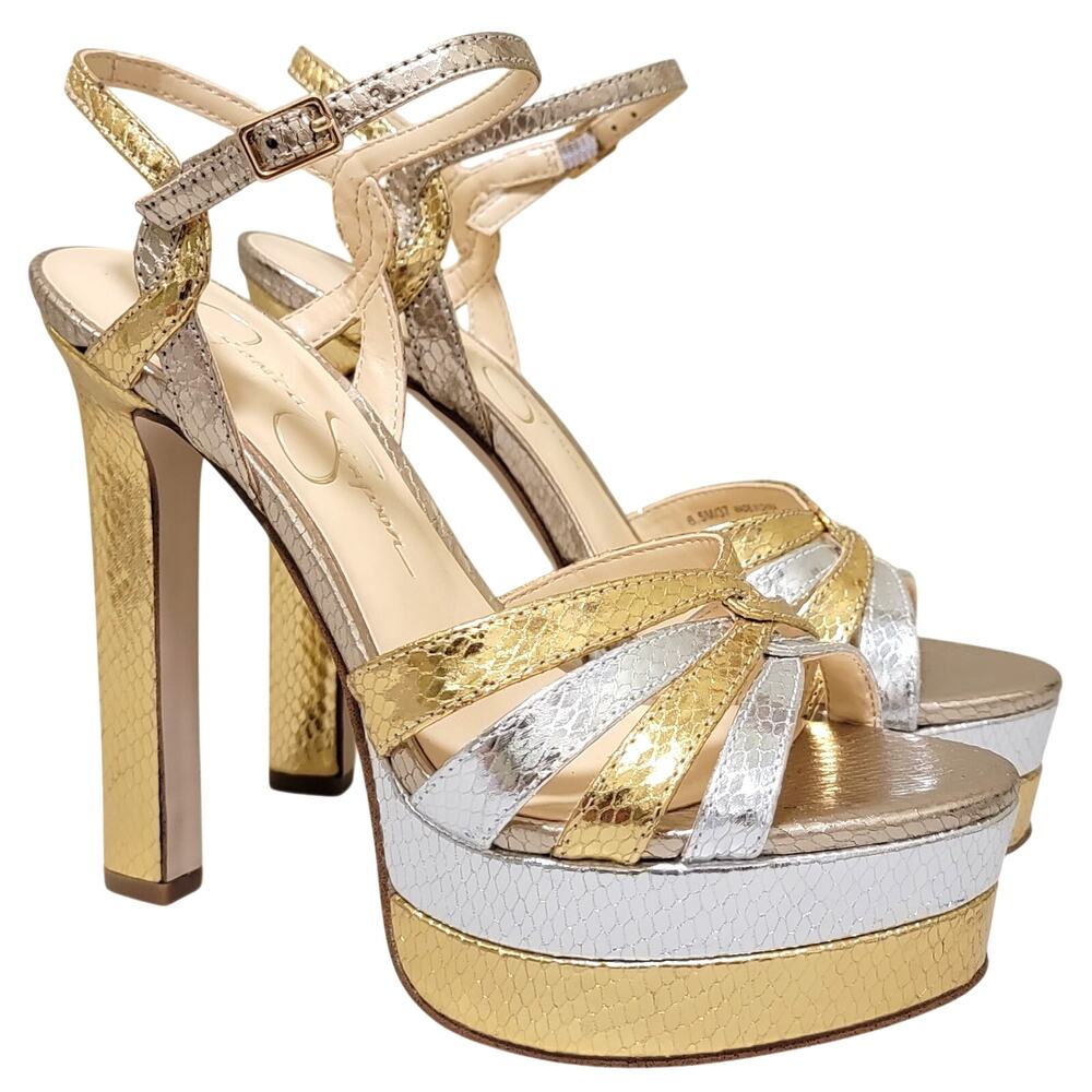 Jessica Simpson Women Itzari Slingback Platform Sandals Size US 6.5M Gold Silver